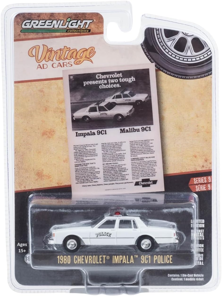 Greenlight 39130-E Vintage Ad Cars Series 9-1980 Chevy Impala 9C1 Police “Chevrolet Presents Two Tough Choices” 1/64 Scale - Image 3