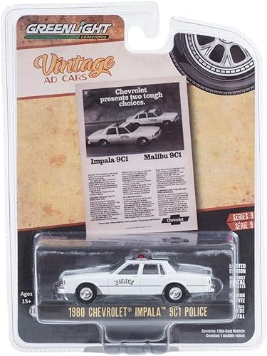 Greenlight 39130-E Vintage Ad Cars Series 9-1980 Chevy Impala 9C1 Policía "Chevrolet presenta dos opciones difíciles" Escala 1/64