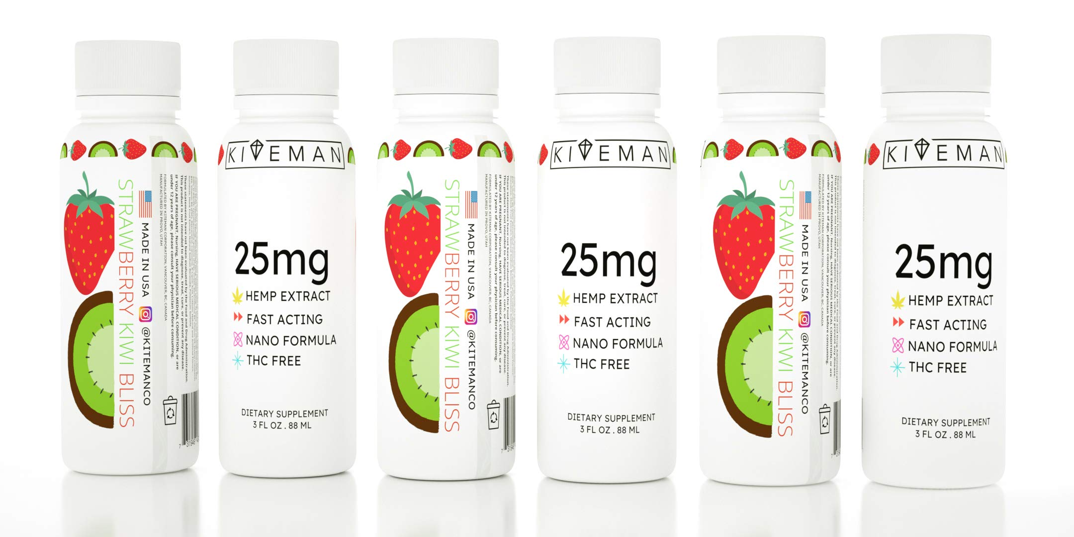 Nano Hemp Shot 25mg | Fortified with Vitamins and Minerals | Ready to Drink 3.00 OZ (88ml) Beverage (Strawberry Kiwi Bliss, 6-Pack)