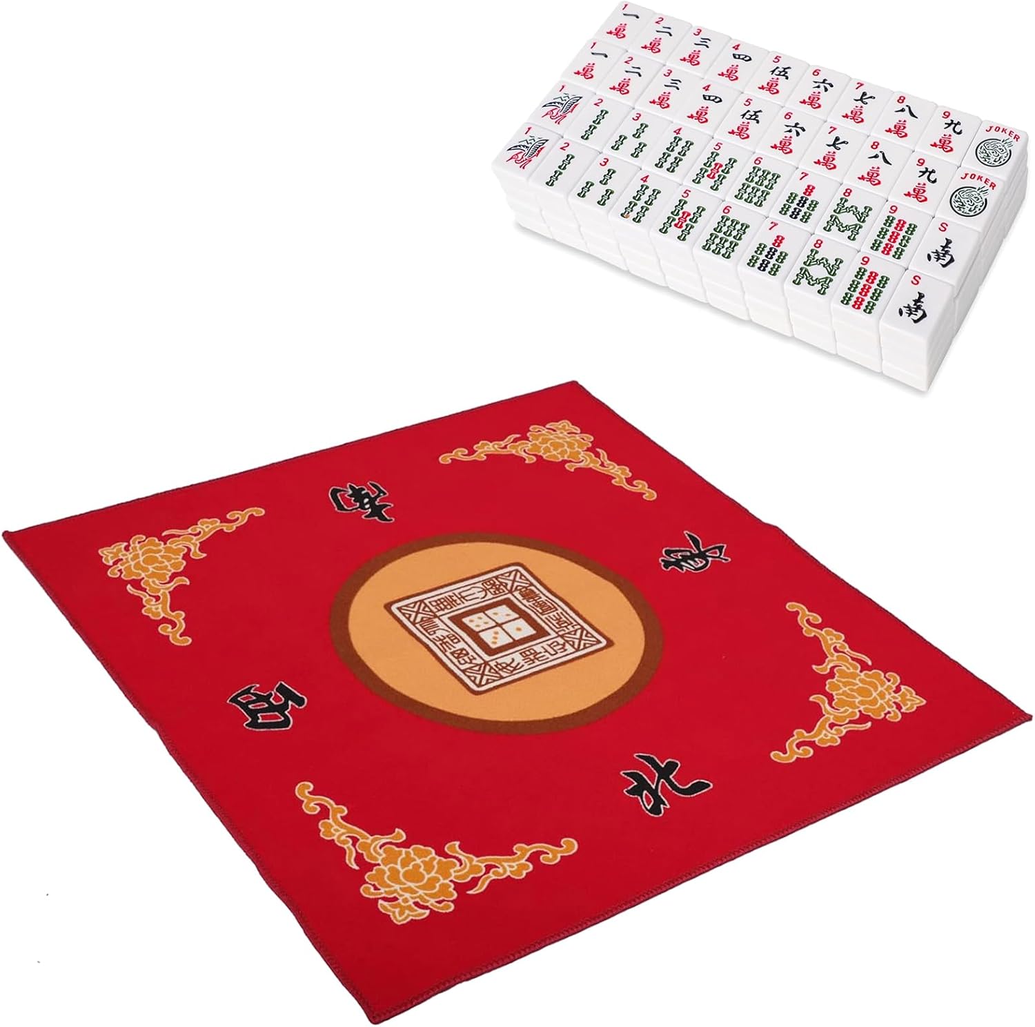 Mahjong Mat with 3 Dice, Anti Slip and Noise Reduction Table Cover (Red, 31.5 inches), with Set of American Mahjong Tiles, 166 American Mah Jongg Tiles with White Color(1.2”,Tiles Only Set)