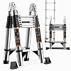 Telescopic Ladder, 4.2M/13.7ft Stainless Steel Thickened Loft Ladder, 150kg Capacity Portable Folding Ladders with Stabiliser Bar and Non-Slip Feet for Home, Loft