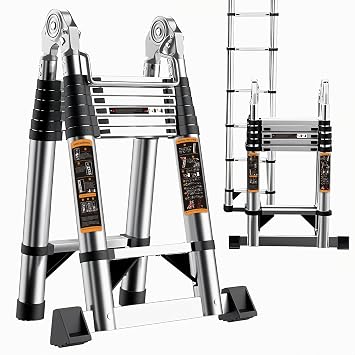 Telescopic Ladder, 4.2M/13.7ft Stainless Steel Thickened Loft Ladder, 150kg Capacity Portable Folding Ladders with Stabiliser Bar and Non-Slip Feet for Home, Loft