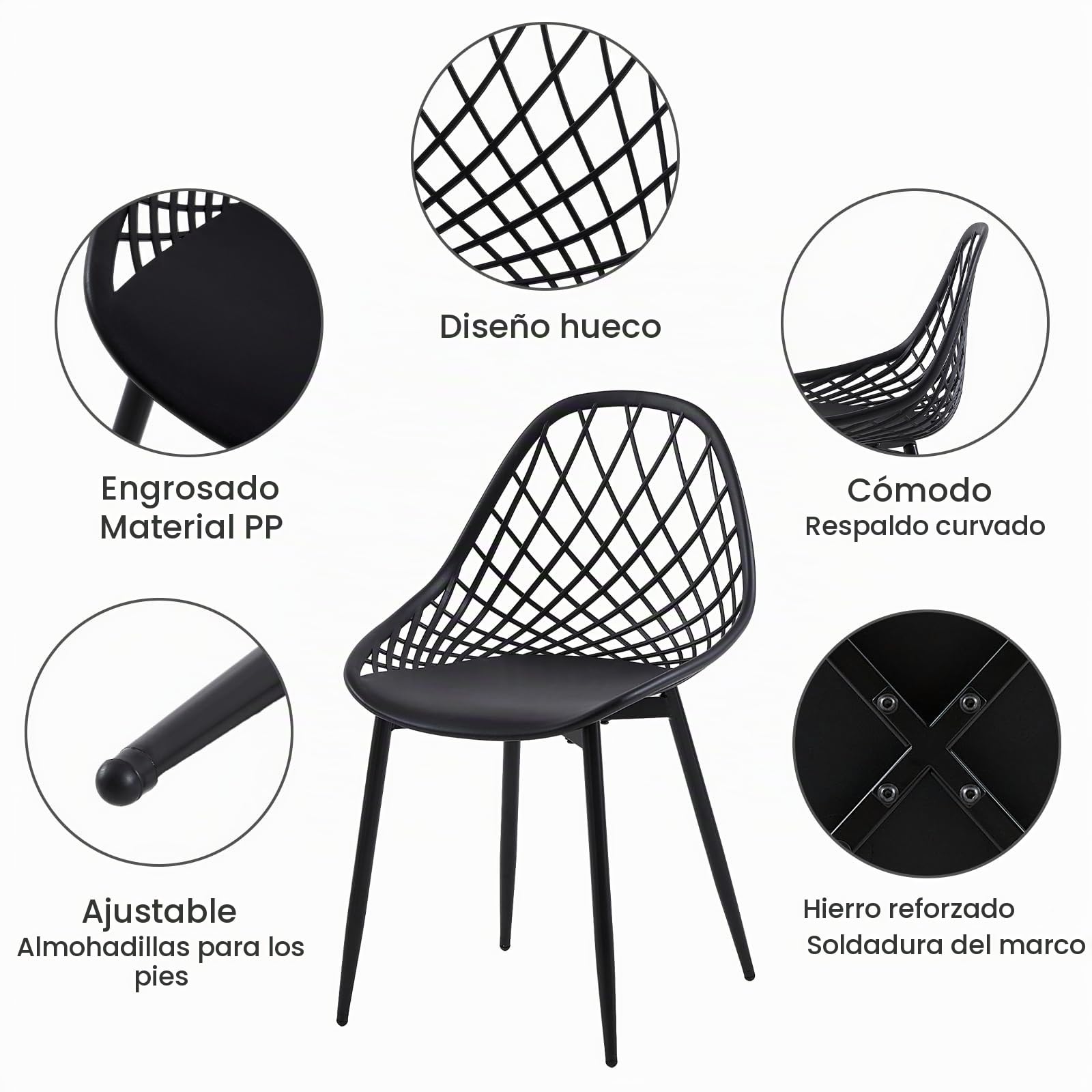 buybyroom Sillas de Comedor, Sillas Cocina Pack 6 Modernas con Patas de Metal y Respaldo Ergonómico, para Comedor,Cocina, Reuniones, Salon, Recepción, Negras