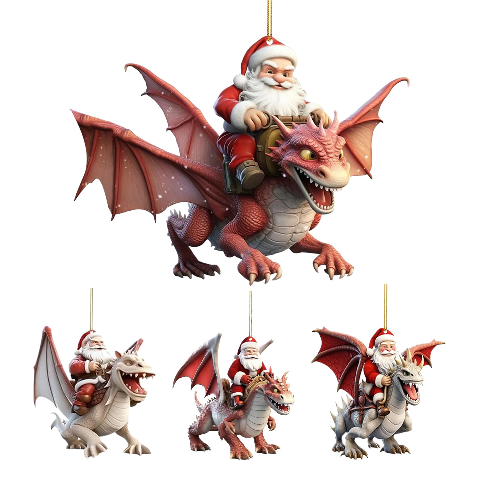 Ksiee Santa Claus Decoration, 4Pcs Santa Ornaments For Christmas Tree Acrylic Funny 2D Riding Dragon Santa Pendant, Christmas Tree Decor For Decoration Lovers