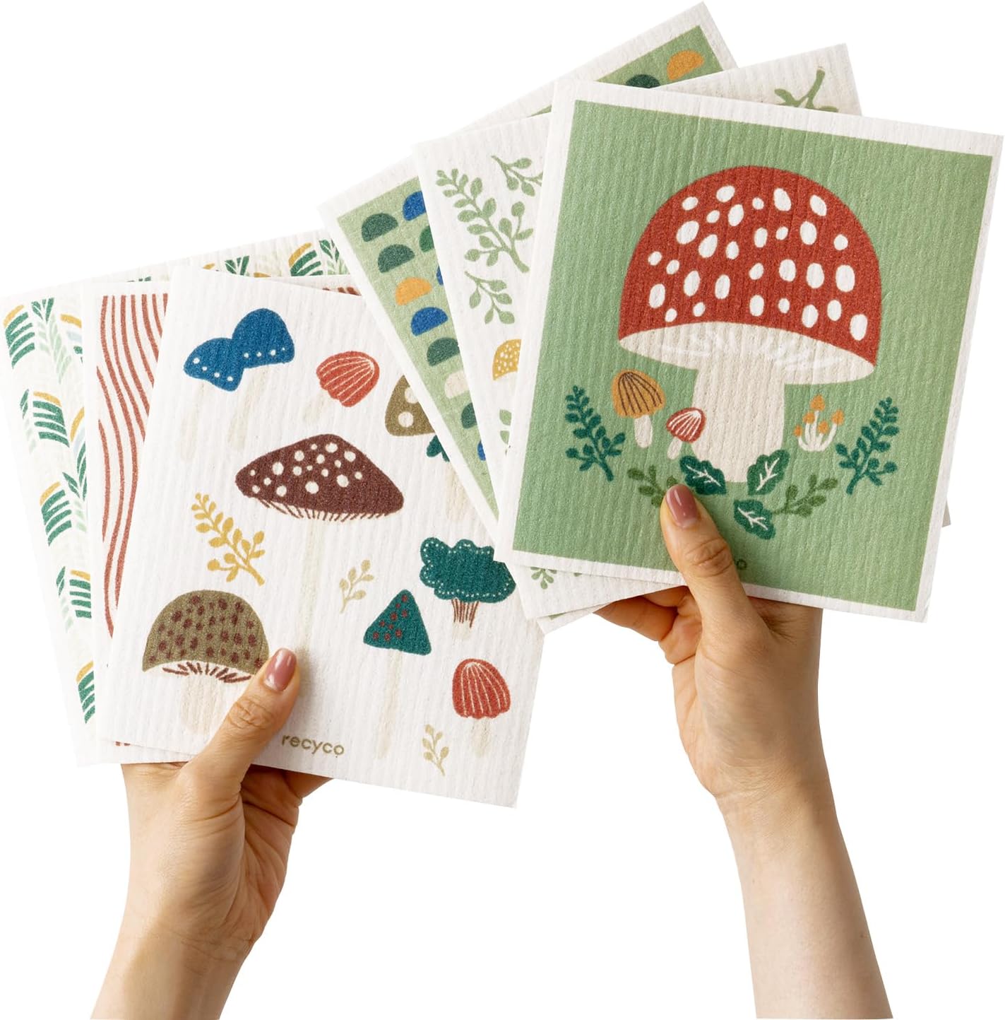 RECYCO Swedish Dishcloths for Kitchen | 6 Packs Forest Mushroom Washable Dish Rags | Cellulose Reusable Cleaning Paper Towels | Absorbent Counter Dish Cloth Sponge Kitchen Wipes, 8″ L x 7″ W