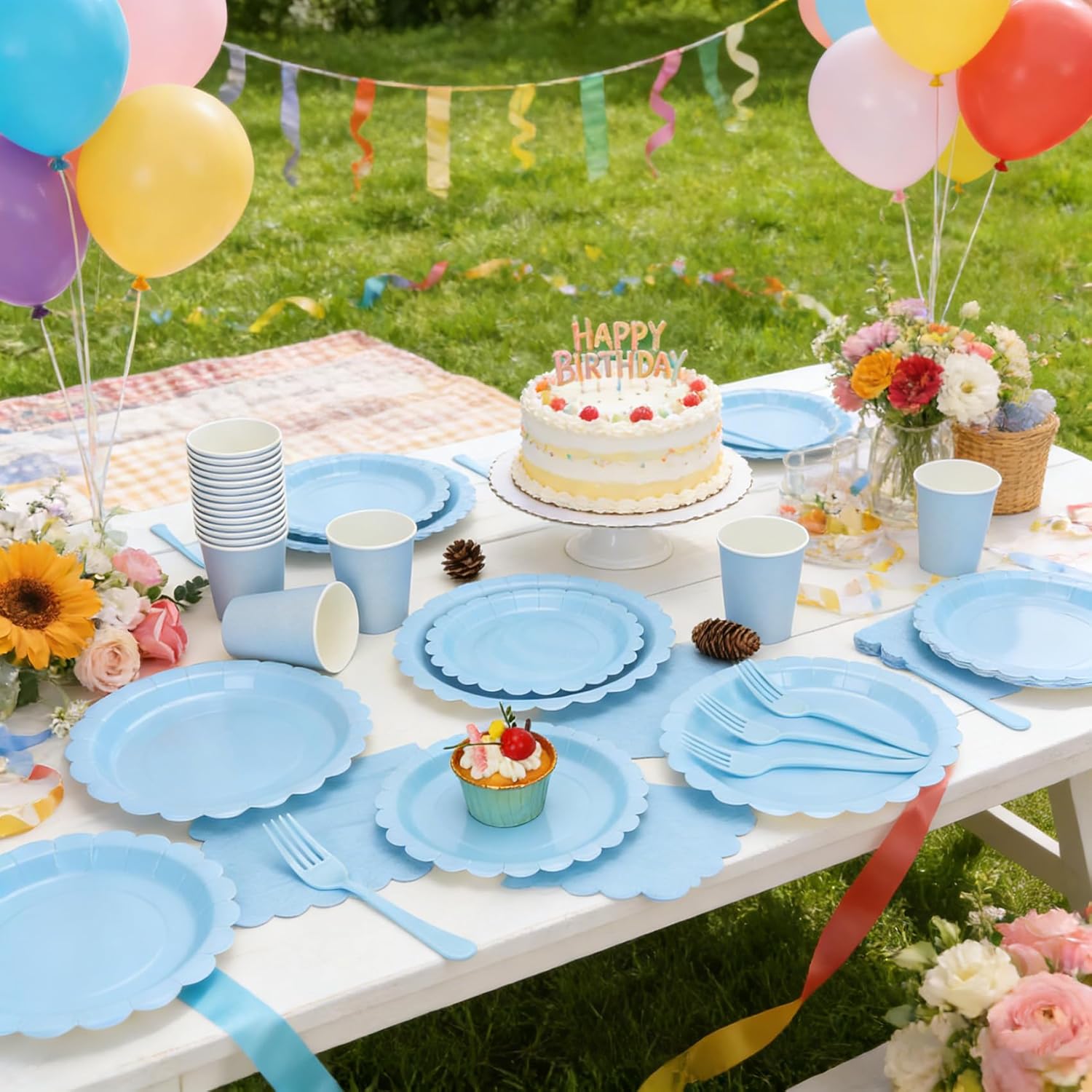 200Pcs Light Blue Party Plates and Napkins, 9’’and 7’’ Disposable Scalloped Baby Blue Paper Plates Cups Napkins Forks Set Party Supplies for Birthday, Wedding, Baby Shower Party Decorations, Serves 40