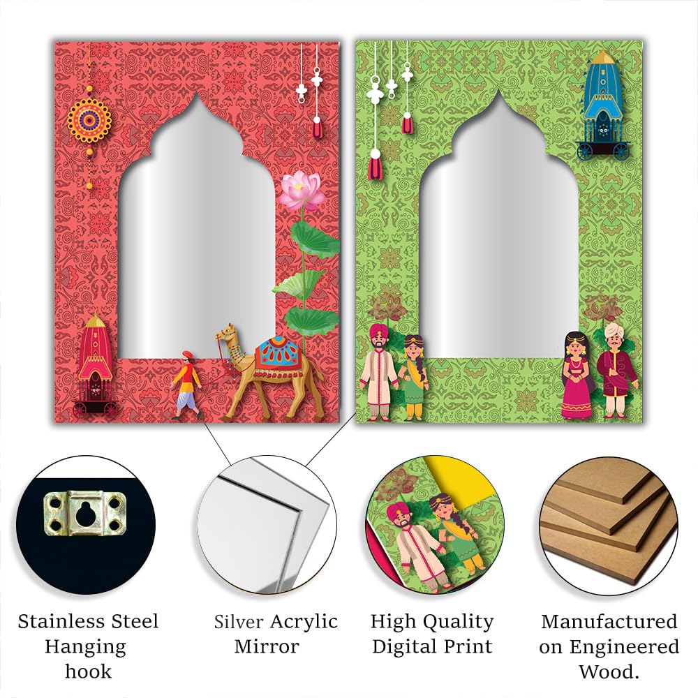 wallkriti Pine Indian Traditional Jharokha ?Wall Mount Rectangular Art Piece Set, 4 Pieces, Decorative Arch Design With Cultural Motifs, Multi-Colour, 30x20 cm1 2