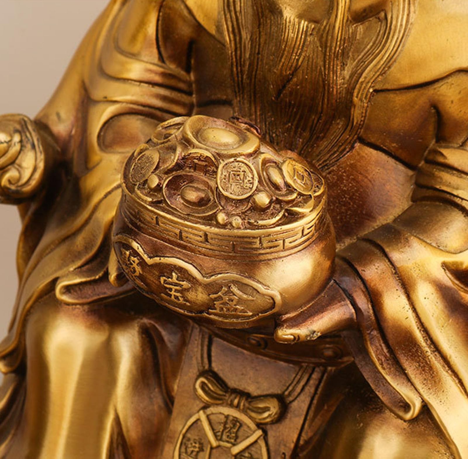 Mosiężna statua boga bogactwa, chińska tradycyjna figurka Feng Shui Caishen | Trzyma skarbiec szczęście bogactwo bóstwo, rzeźba do domowego biura wystrój sklepu, ozdoba na prezent na otwarcie firmy