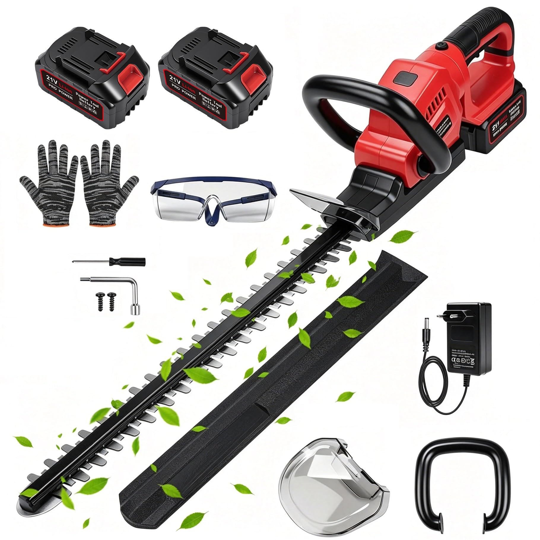 Heckenschere Akku, 21V 850W Elektrischer Heckenschneider mit 20 Zoll Klinge, 18 mm Zahnabstand, für Garten, Sträucher und Hecken, Sicherheitsdoppelschalter und 180° Drehbarem Griff (2 Akkus)