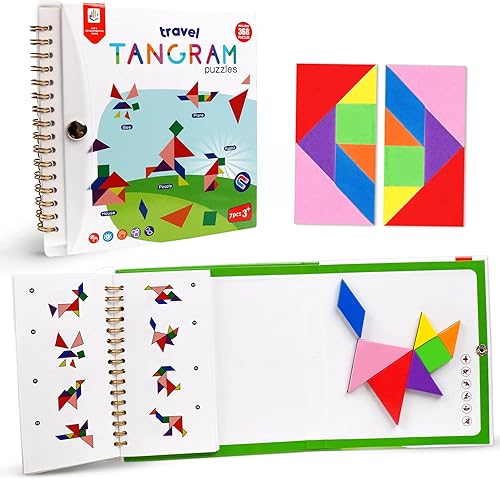 USATDD Rompecabezas de viaje Tangram con 2 juegos, bloques de patrón magnético, juegos de viaje por carretera, rompecabezas educativos, libros de