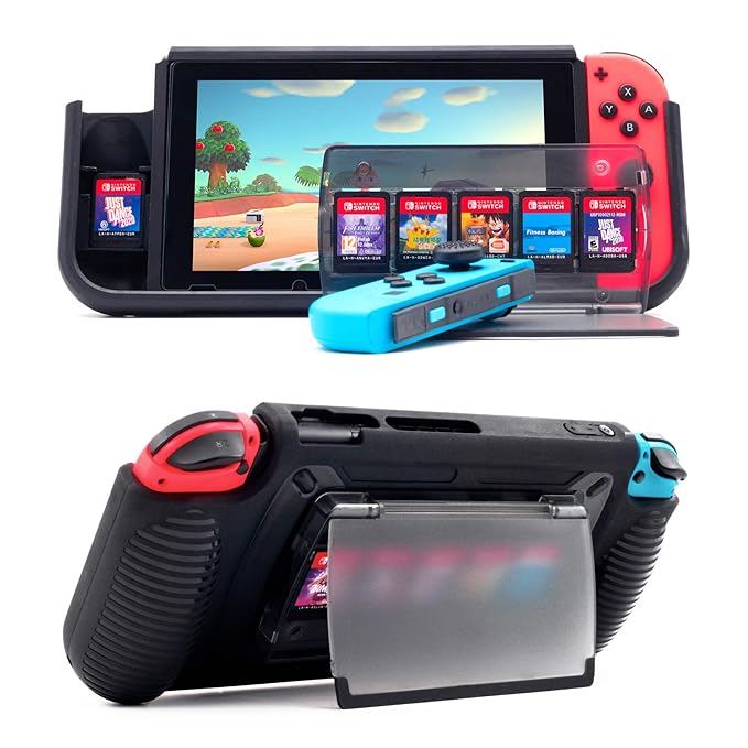 Grip Case for Nintendo Switch 2017, Protective Cover with 7 Storage Slots for Game Cards, Multi-Angle Adjustable Stand, Grip Cover with Shock-Absorption and Anti-Scratch Design