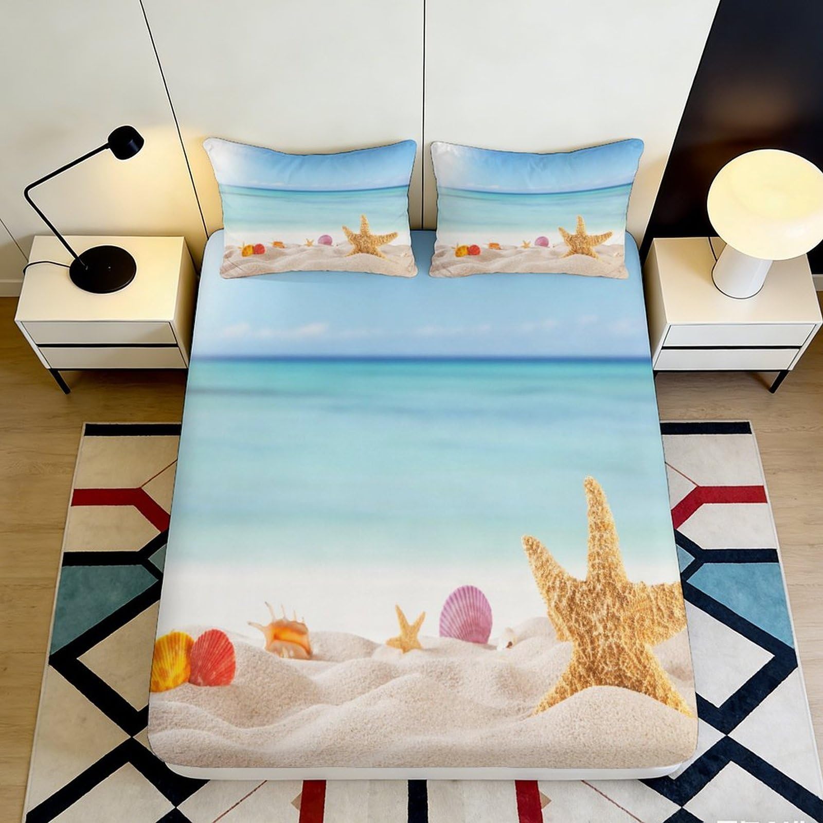 3D Printed Beach Starfish Fitted Sheet Microfiber Soft Sand Seashell Mattress Cover for Bedroom Guest Room Decor 90x200x25cm