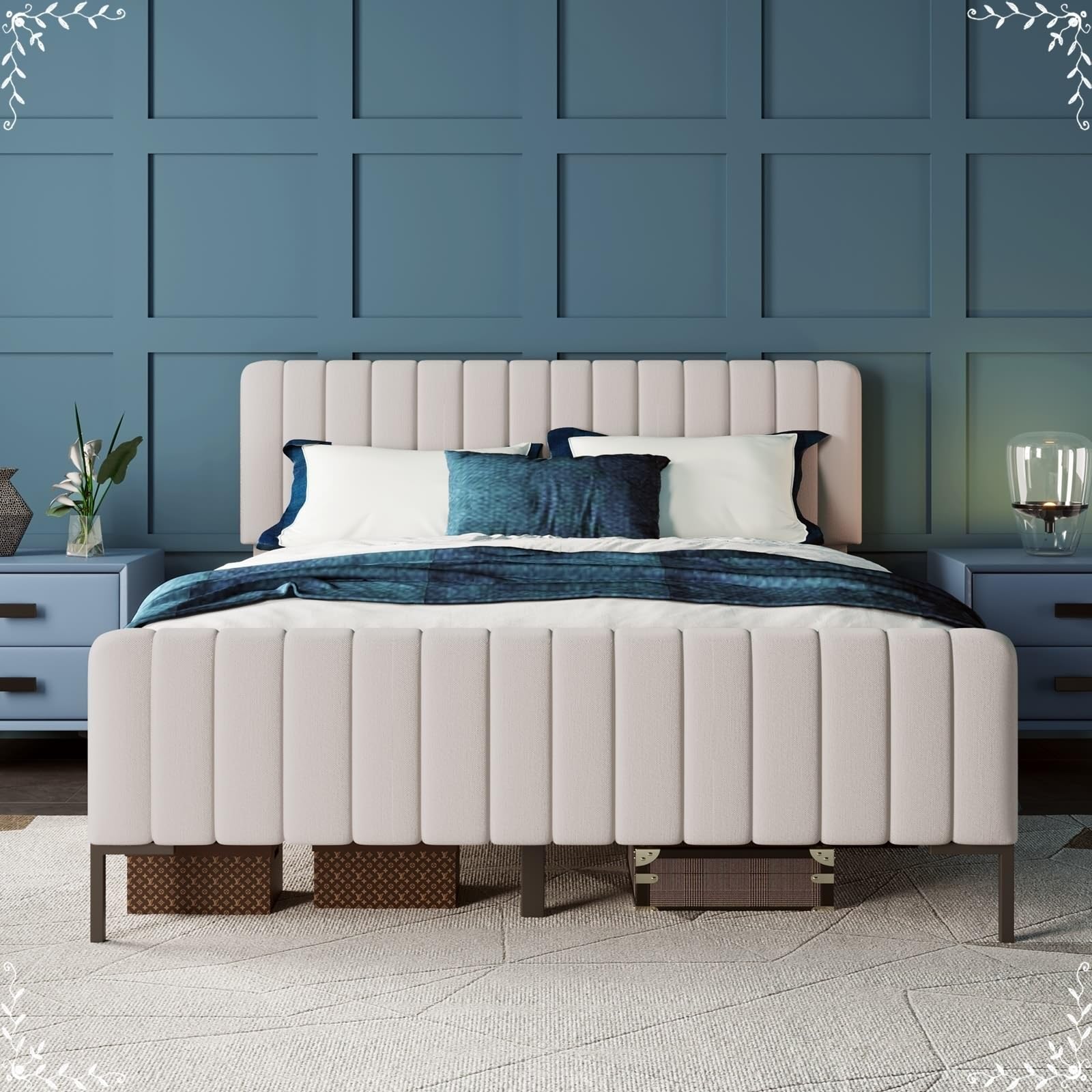 Daesar Letto Matrimoniale 180x200, Giroletto con Rete A Doghe e Testiera Regolabile, Letti Imbottiti In Lino, per Adulti e Bambini, Beige (Senza Materasso)