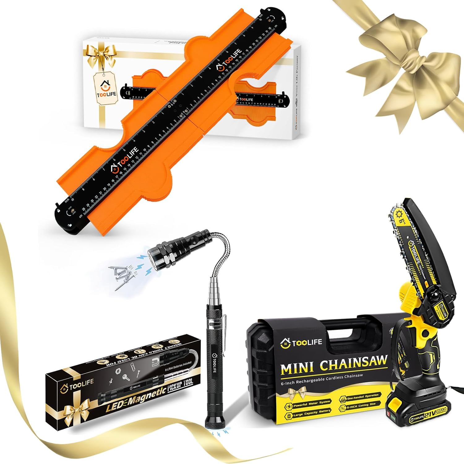 TOOLIFE Mini Chainsaw Cordless 6 Inch,Connectable Contour Gauge,Magnetic Pickup Tool, Men Gifts for Christmas, Unique Gifts