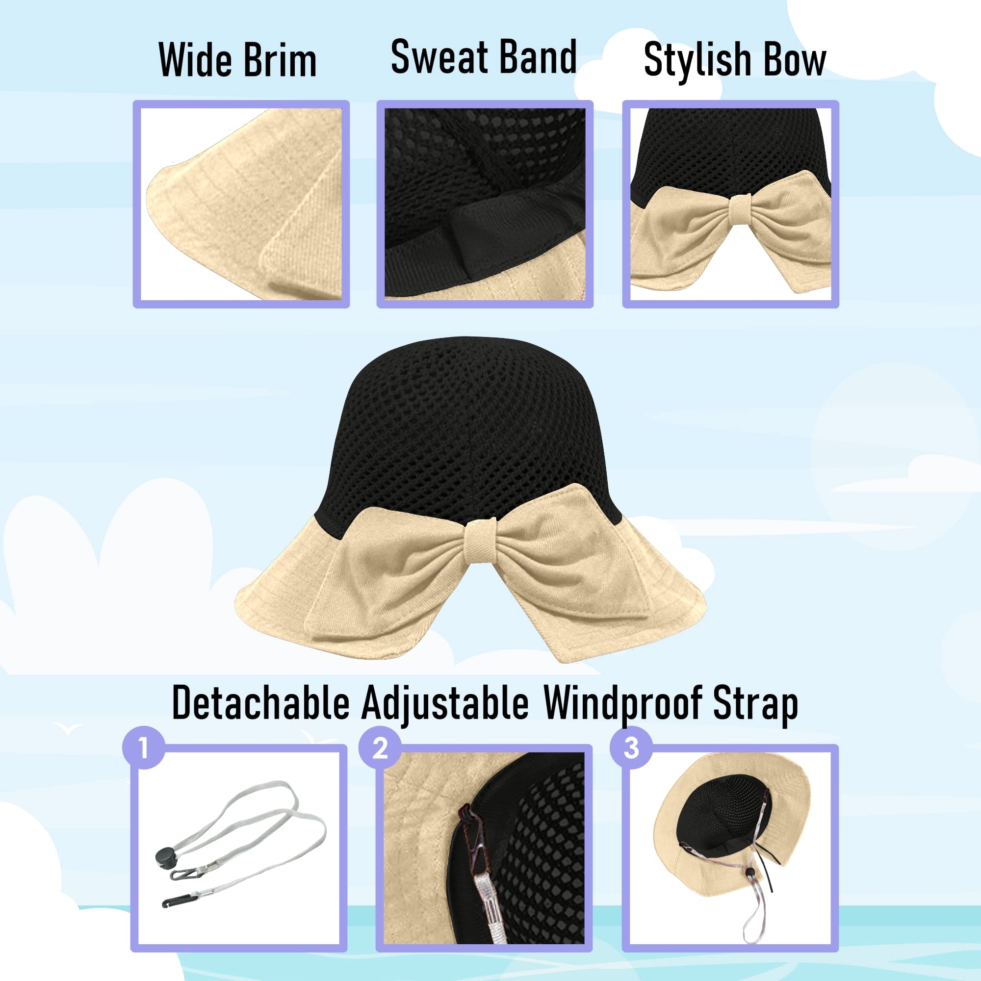 Sombrero de paja para mujer, ala ancha, protección UV UPF 50+, plegable, plegable, plegable, plegable, plegable, con lazo y correa para la barbilla, A Beige / Negro, Talla única 4