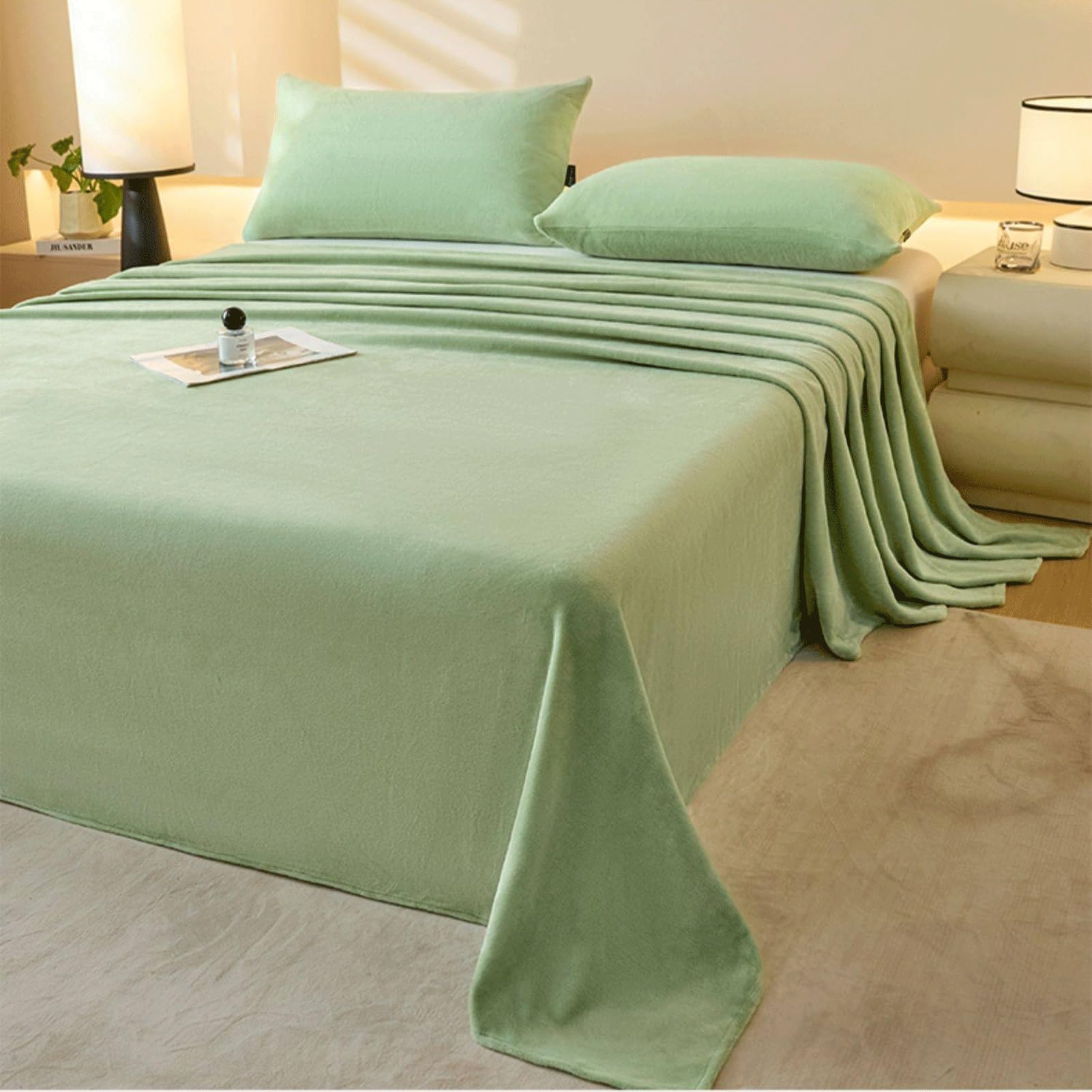 Winter Flanell Bettlaken 120x230cm bis 245x270cm Flauschige Warme Samt Betttuch Cashmere Touch Laken ohne Gummizug(Green A,245x250cm+48x74cm x2)