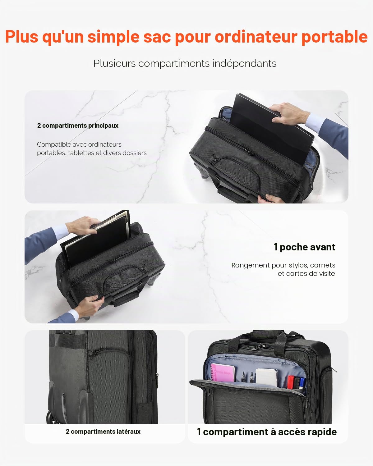 VEVOR Sac à roulettes pour Ordinateur Portable 17,3 Pouces, Mallette à roulettes pour PC, Poignée Télescopique à 4 Hauteurs, Tissu Oxford 1680D, pour Travail, Voyages d'affaires, Femmes, Hommes, Noir
