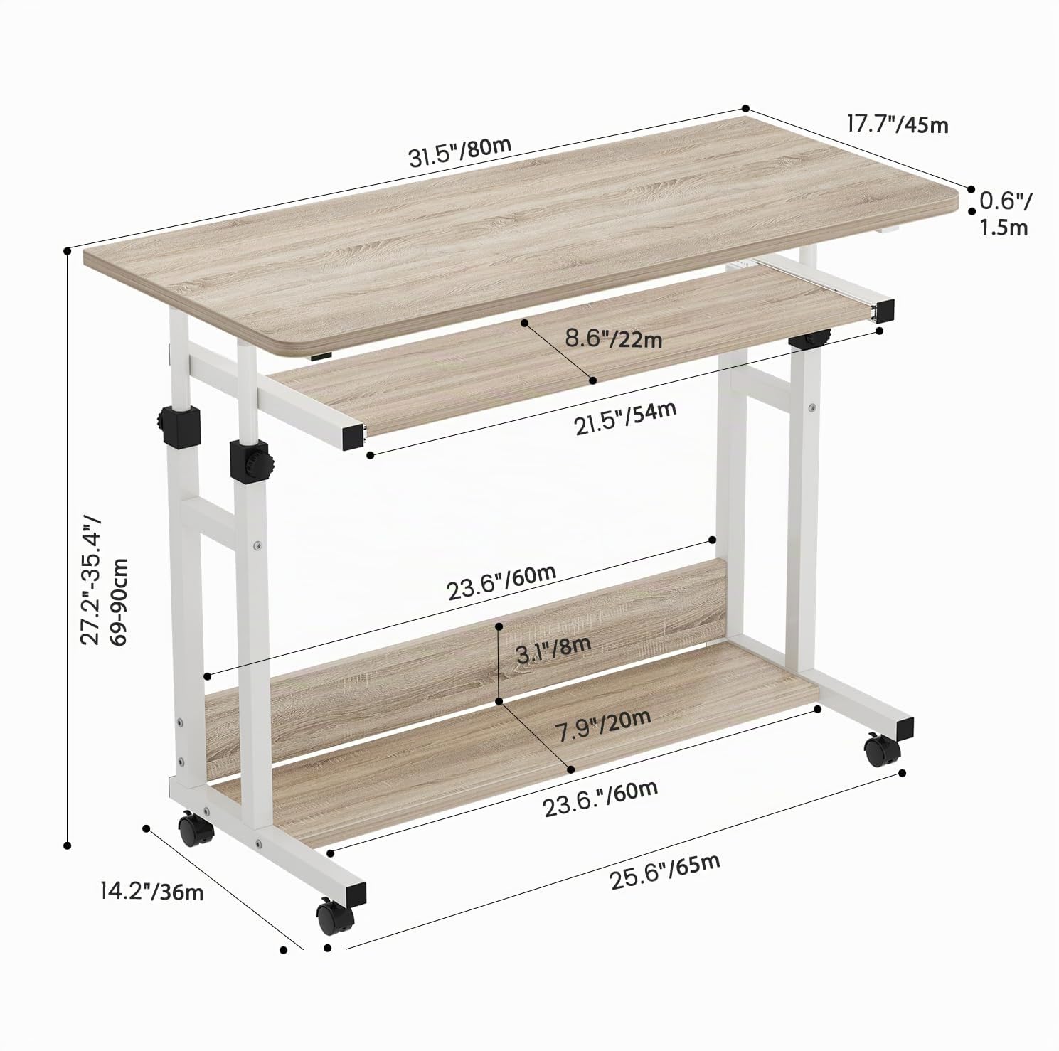 Dripex Escritorio de Altura Ajustable, Mesa de Ordenador con Ruedas, Escritorio pequeño sobre Ruedas, Mesa para portátil Que Ahorra Espacio, con Bandeja extraíble para Teclado y estantería, Mesa