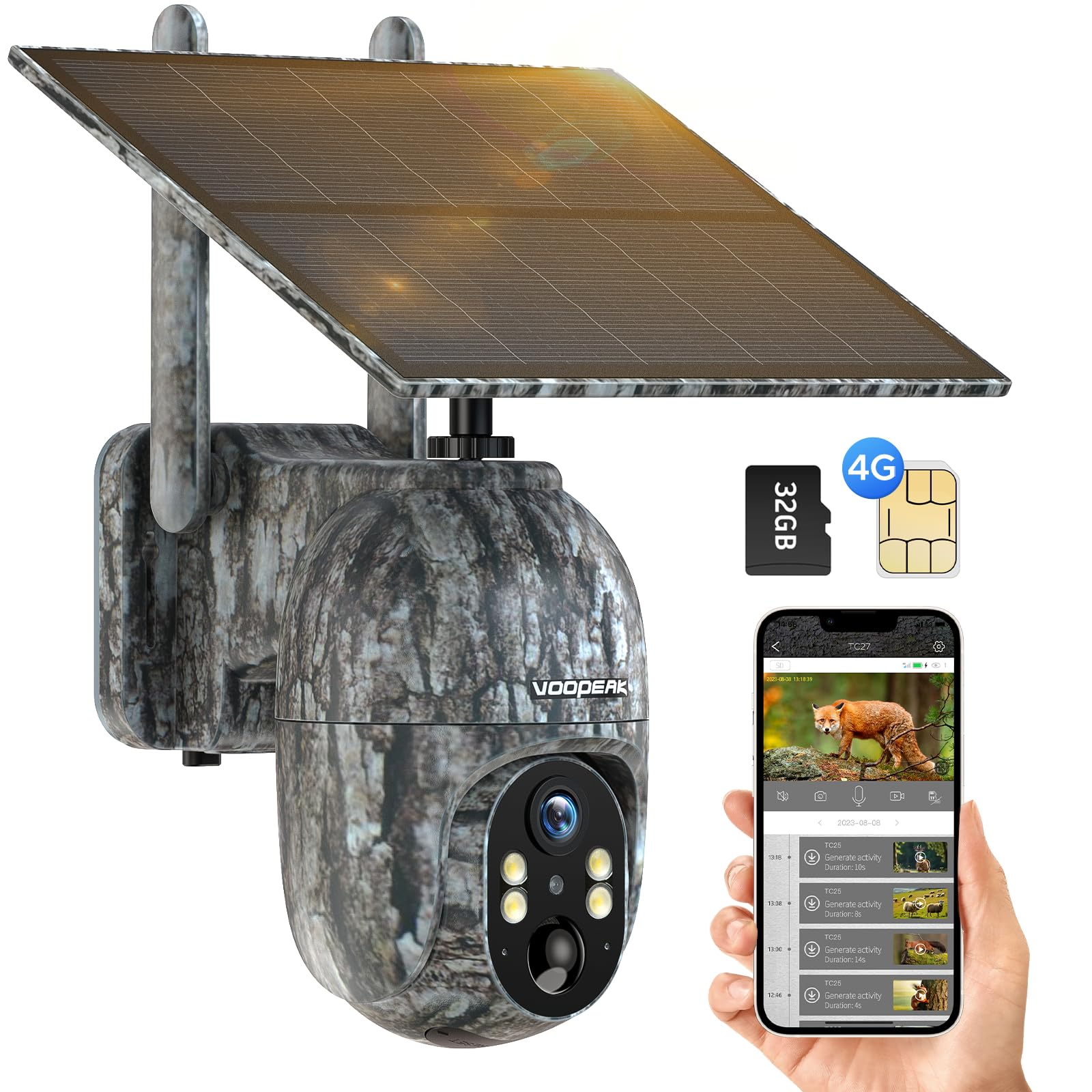Voopeak Grey 4G Lte Cellular Wildlife Camera, Solar Powered Trail Camera With 355° Pan & 90° Tilt, 2.5K Hd Night Vision, 10400Mah Battery, Ip66 Weatherproof, Motion Detection For Outdoor Monitoring Garden Farm