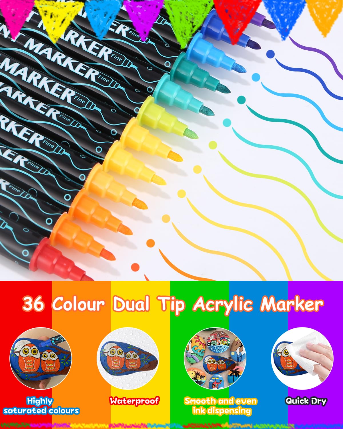 Deli Acrylmalstifte – 36 Farben, Doppelte Spitzen (hart/weich) Für Stein, Holz, Keramik & Mehr
