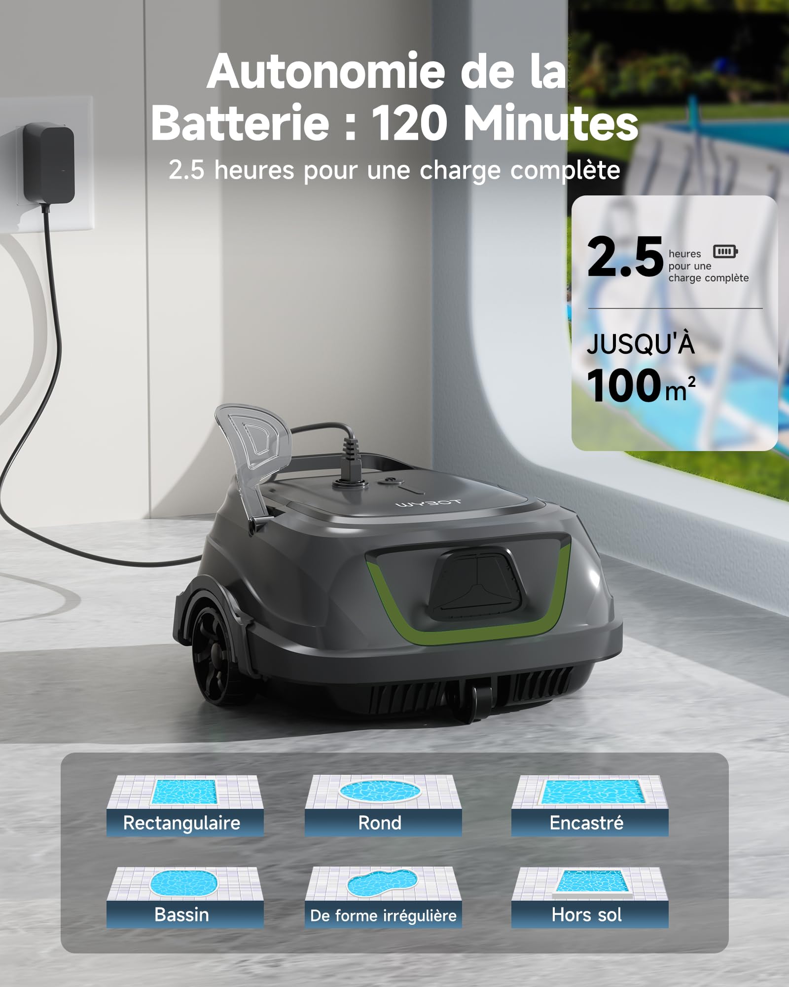 WYBOT A1p Robot Piscine Intelligent, Double Filtration, Autonomie 120 Min, Robot Piscine sans Fil Puissant pour Hors-Sol Et Plates, Élimine Débris, Stationnement Auto, Vert Olive