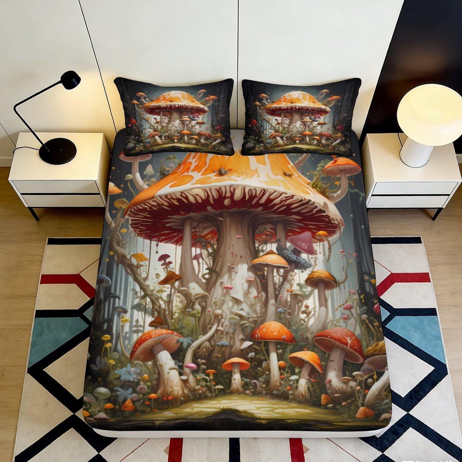 Pnayamiorkfel Style-9 3D Printed Fantasy Mushroom Forest Fitted Sheet Microfiber Slip-Resistant Orange Decor Bed Sheet For Bedroom Guest Room 90X200x25cm