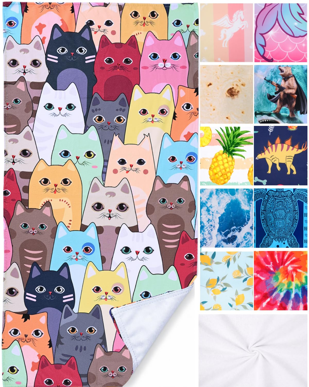 LIVILAN Large Kitten Cat Beach Towel, 30" X 60" Soft Microfiber, Absorbent, Quick Dry, Sand Free, Light, Multiuse for Bath, Pool, Swim, Cute Cat Gifts