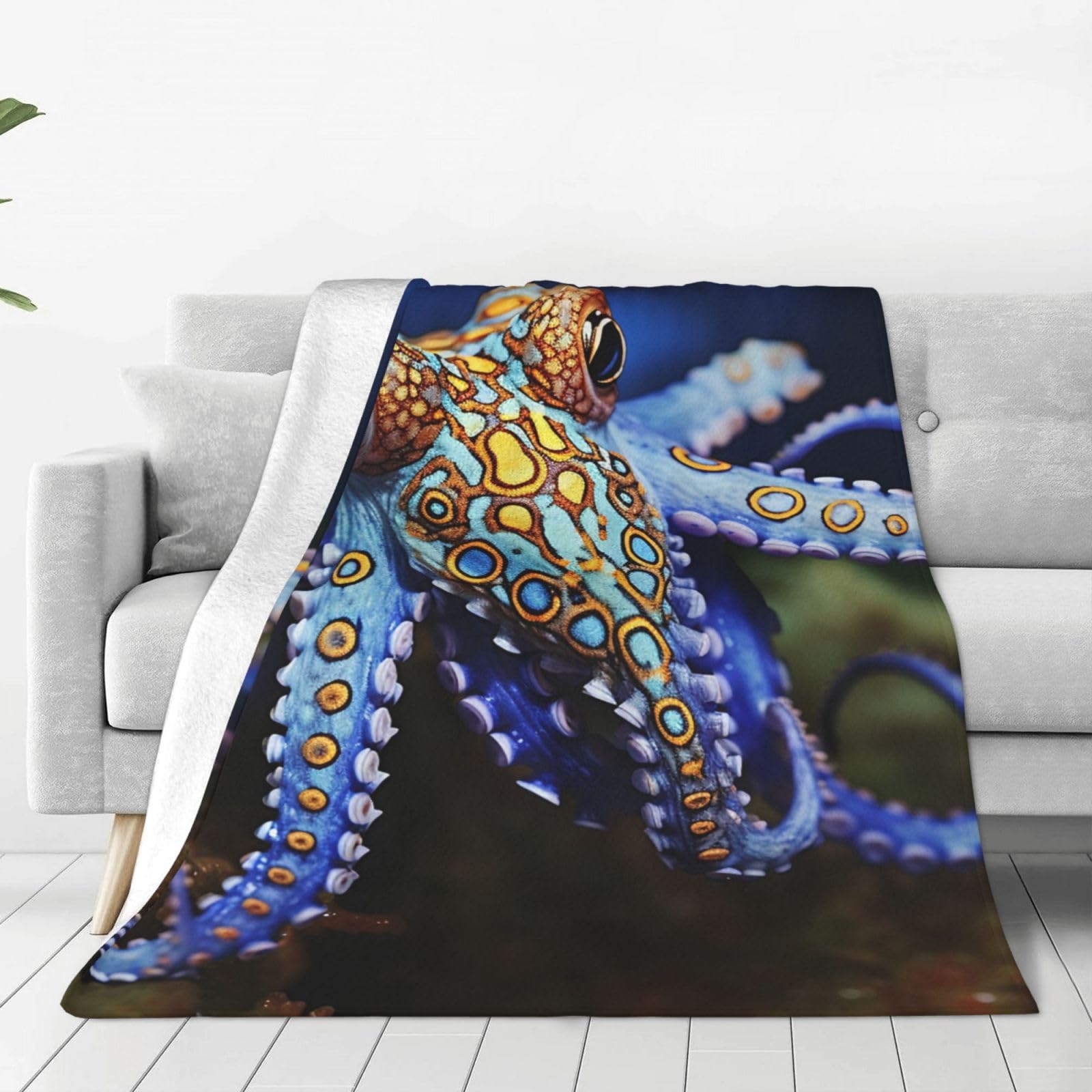 KLOPH Blue Ringed Octopus Throw Blanket 60"x50" Flannel Fluffy Warm Blanket for Couch, Reversible Plush Blankets for Bed, Comfy Fuzzy Blanket for Sofa, Plush Lightweight-Blankets for All Season