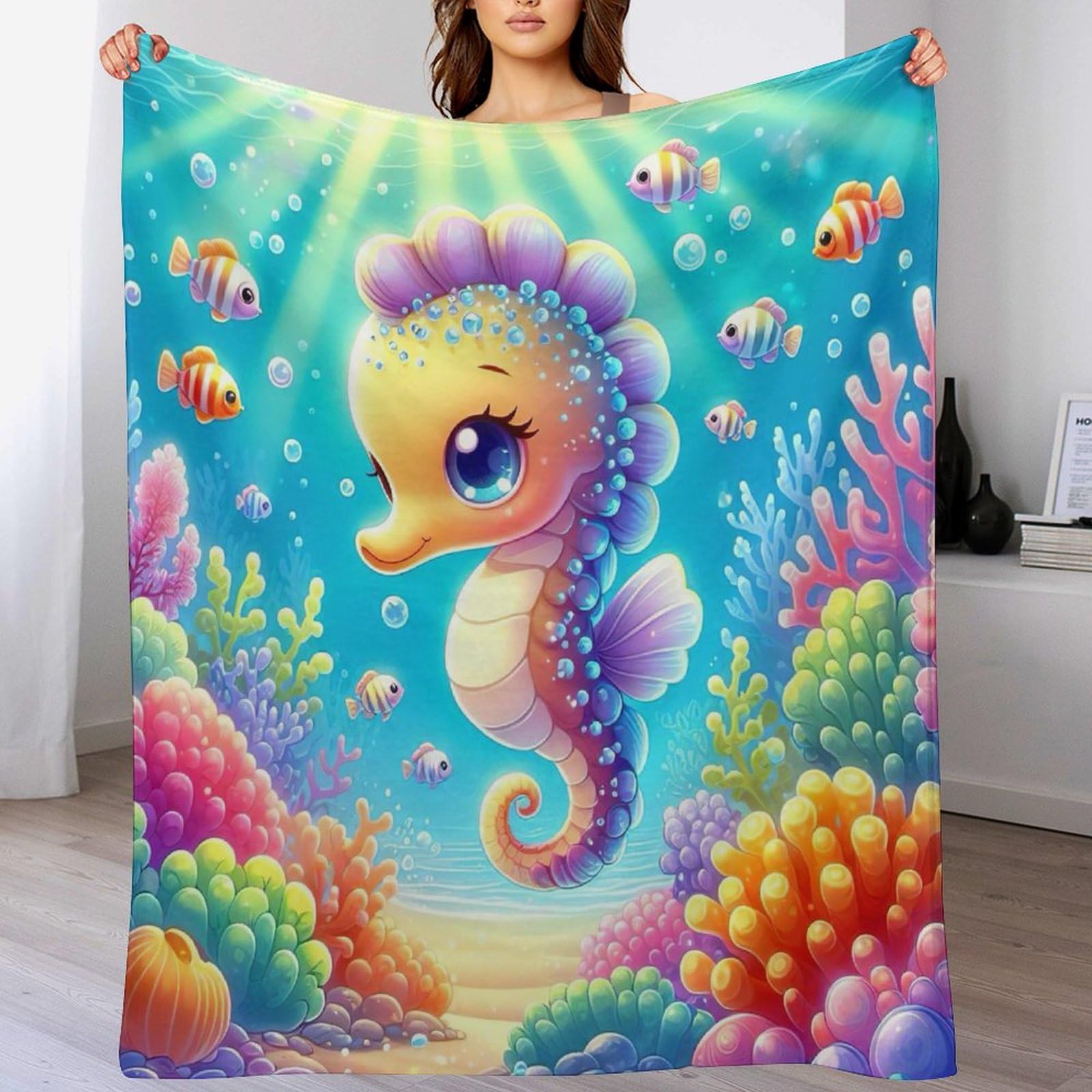 LLXXHH Seahorse Blanket Throw Super Soft Warm Lightweight Cozy Blankets for Children, Young Girls Or Adult for Couch Bed Sofa 130×150cm