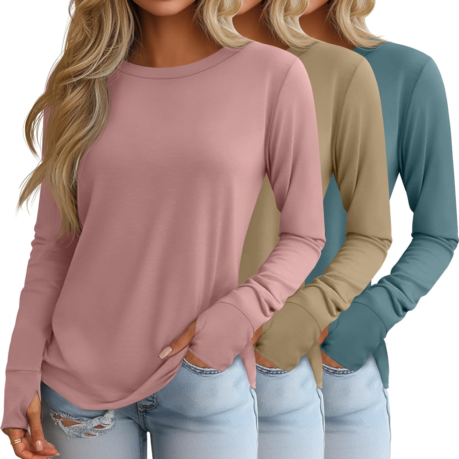 Huukeay 3 Pack Women's Long Sleeve Shirts with Thumb Holes, Cotton Casual Crew Neck Tunic Tops Fall Loose Y2k Trendy Outfits