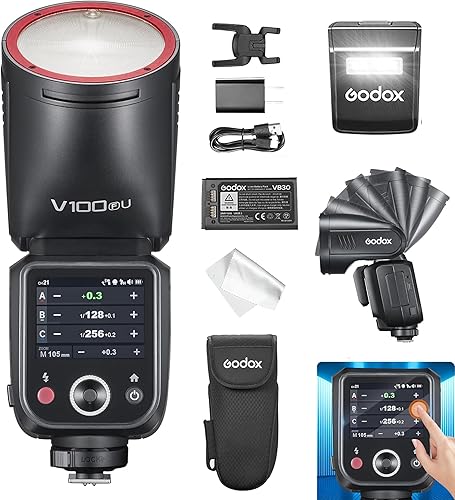 Godox Flash V100-F para cámara Fuji,Cámara de cabeza redonda Flash Speedlite,TTL Pantalla táctil 2.4G Sistema inalámbrico X para Fuji