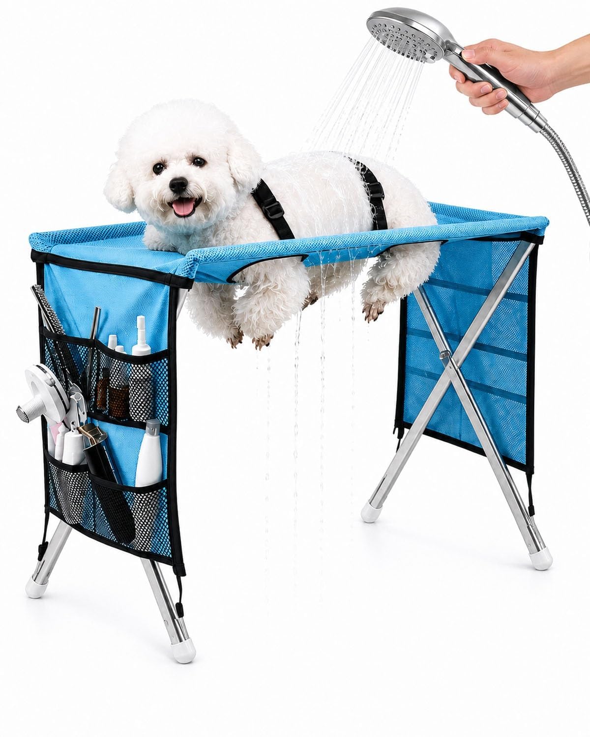 Cat Dog Grooming Hammock, Pet Bath Stand Mesh Bathing Station with Stainless Steel Frame, Foldable Grooming Table for Small & Medium Pets Trimming, Bathing, Brushing (Blue, For pets under 30 kg)