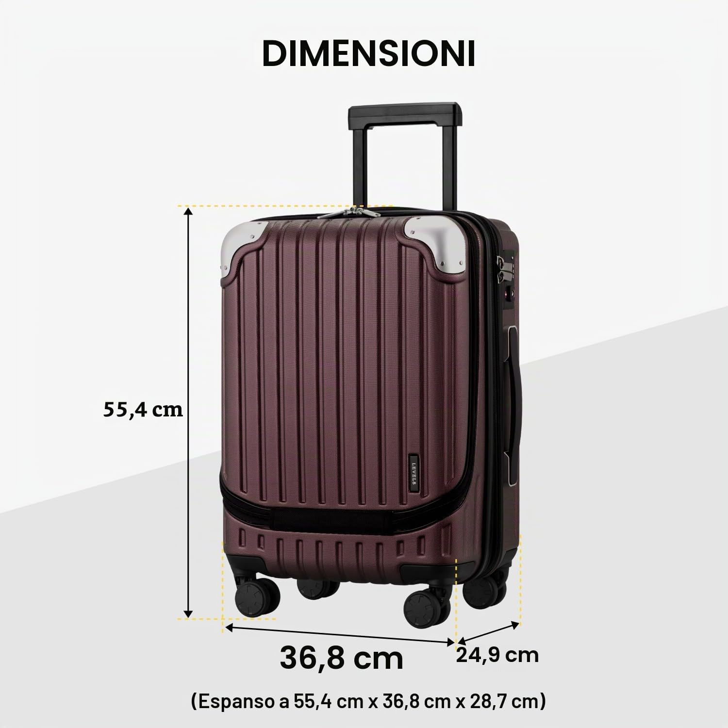 LEVEL8 Valigia Bagaglio a Mano 55CM Espandibile Valigia Trolley Rigido Ultra Leggero in ABS+PC Valigie con Chiusura TSA e 4 Ruote Doppie Girevoli, 55x37x25CM, 42L, Rosso