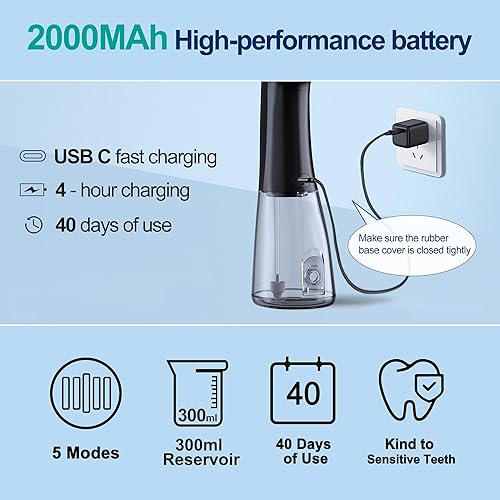 Miniatura 5 de Irrigador dental de agua inalámbrico MOCEL 5 modos de irrigador oral 300ML portátil y USB C cable recargable IPX7 impermeable hilo dental limpiador