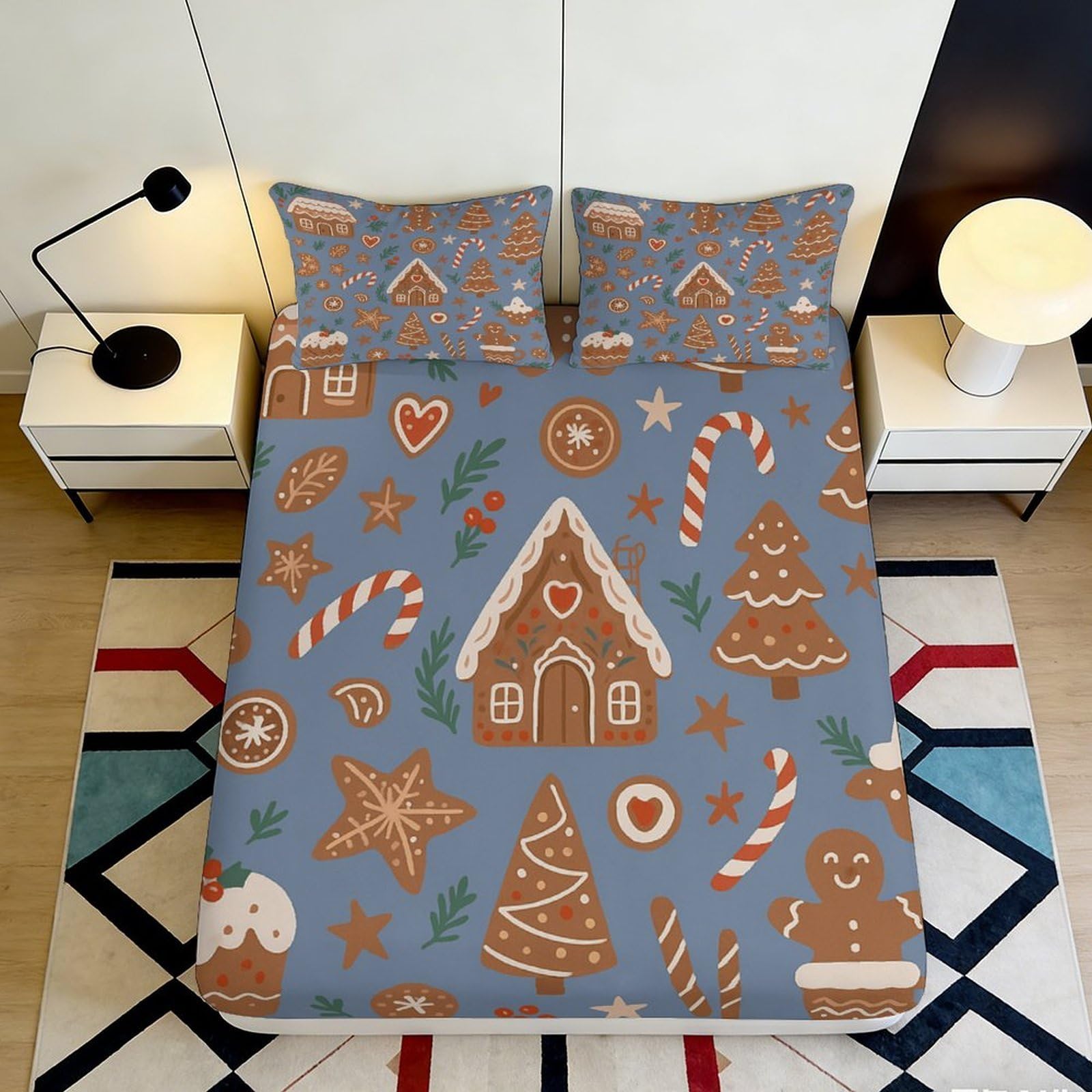 3D Printed Gingerbread Fitted Sheet Microfiber Deep Pocket Bedroom Set Ginger Cookie Mattress Fitted Cover Non-Slip Washable 200x200x25cm 90x200x25cm
