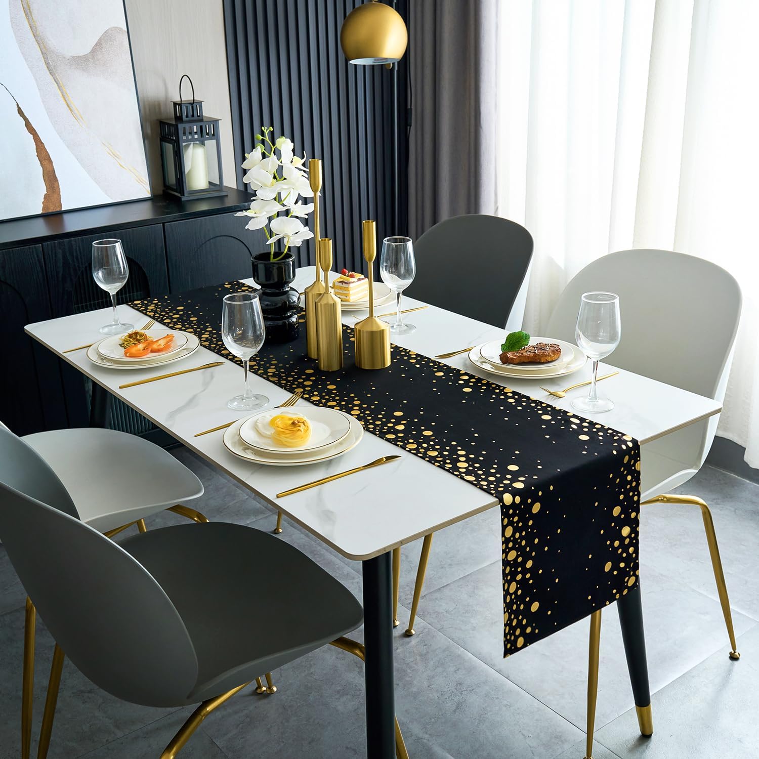 Tafelloper, zwart en goud, 30 x 220 cm, polyester, tafeldecoratie met gouden stippen, tafeldecoratie voor bruiloft, verjaardag, feest, vakantie, Kerstmis