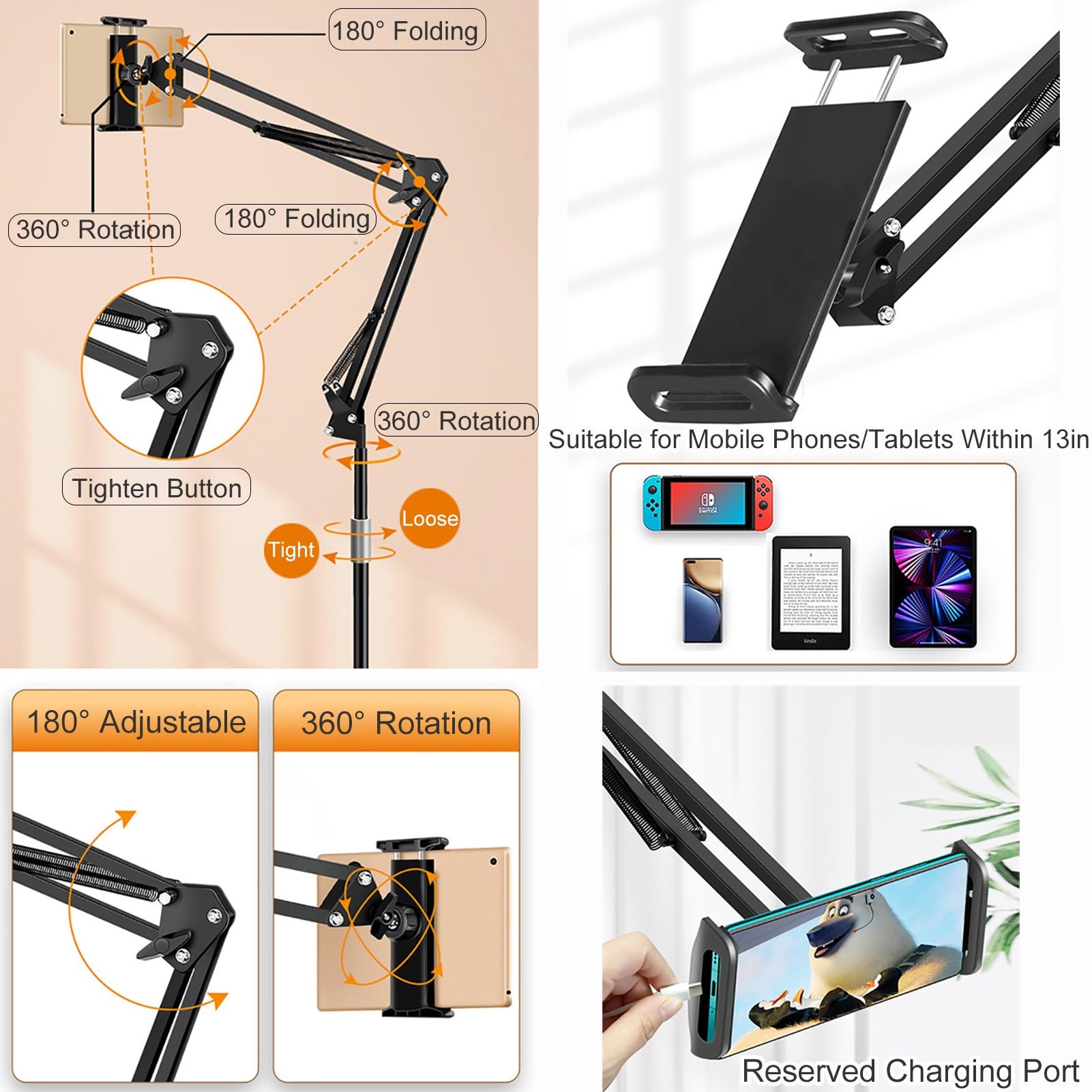 Support Tablette sur Pied avec Éclairage D'appoint, Porte Téléphone, Ebook Stand, Hauteur Réglable