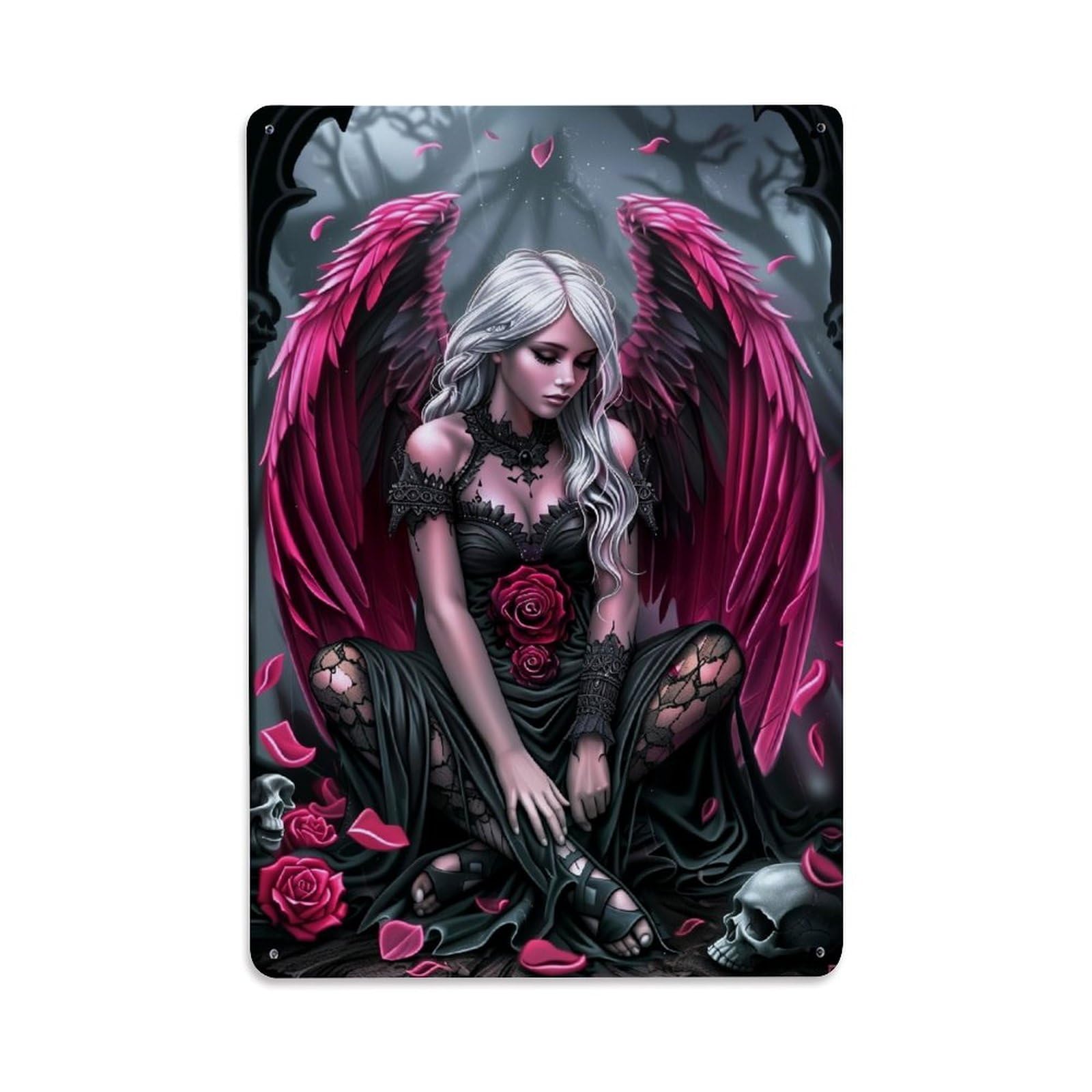 Jdfenggu Vintage Gothic Angel With Pink Wings Retro Metal Tin Sign, Metal Poster For Bar, Home, Man Cave, Kitchen, Laundry Room Art Decor 8X12 Inch