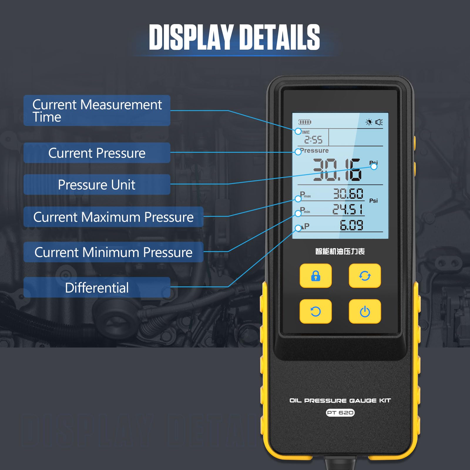 PT620 Strumento del tester di pressione dell'olio, 0-426 PSI 0~29bar Strumenti diagnostici della prova di pressione dell'olio del motore di Digital con il tubo di prova & 17 connettori