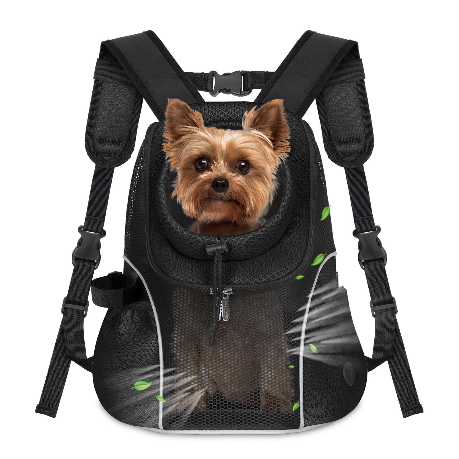 WOYYHO Pet Dog Carrier Backpack, Ventilated Mesh Small Dog Front Backpack | Breathable Puppy Back Pack, with Safety Belt, Storage Pockets, for Travel Hiking Cycling Outdoor Adventures, Black, M