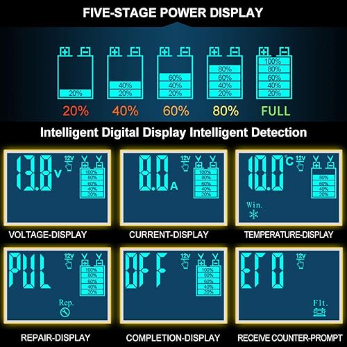 Miniatura 5 de Cargador de batería inteligente automático de 12 V/24 V | Cargador de reparación de pulsos con pantalla LCD | Modo inteligente Protección contra