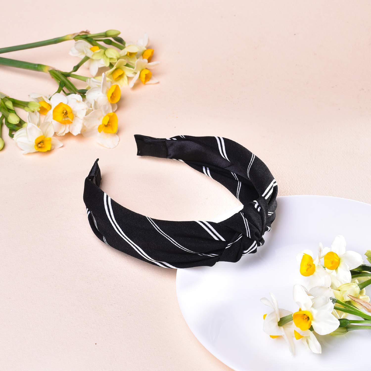 Vogue Hair Accessories Solid Fabric Knot with Stripes Plastic Hairband Headband for Girl and Women (Black_Diagonal) - Image 3 thumbnail