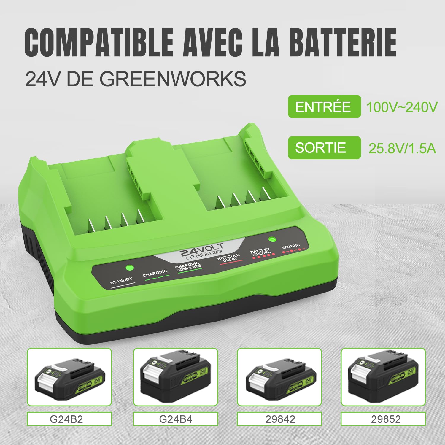 Chargeur Double-Port 24V pour Greenworks G24X2UC2 G24X2C G24C