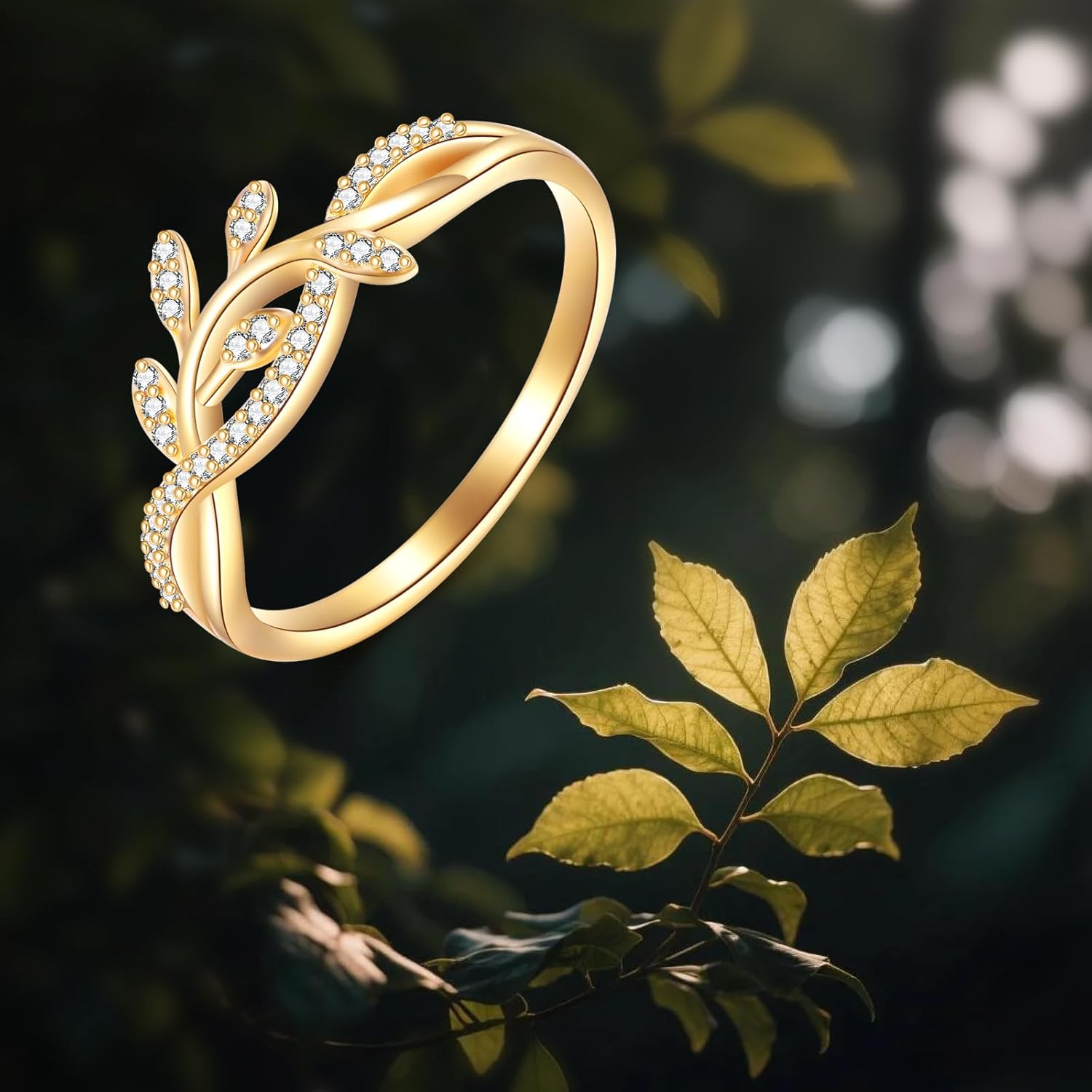 DOVRAN 14K Solid Gold Leaf Ring for Women Real Yellow Gold Leaf Cubic Zirconia Ring Elegant Jewelry Birthday Gifts for Wife Mom