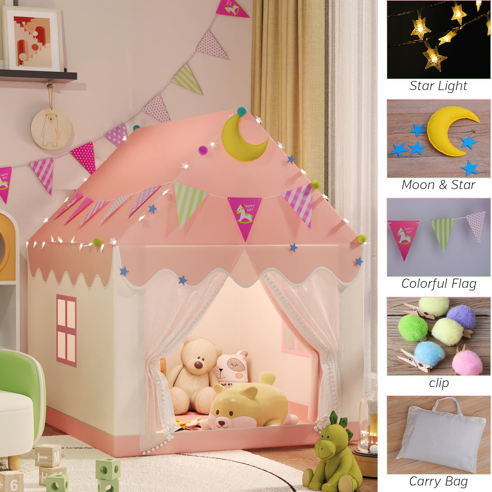 2 IN 1 Kinderzelt, Spielzelt für Kinder mit LED-Lichtern und Dekoration, Spielzelt für Drinnen,Kinderspielhaus in Form eines Hauses,Kinderzelt Spielhaus Kinder Indoor