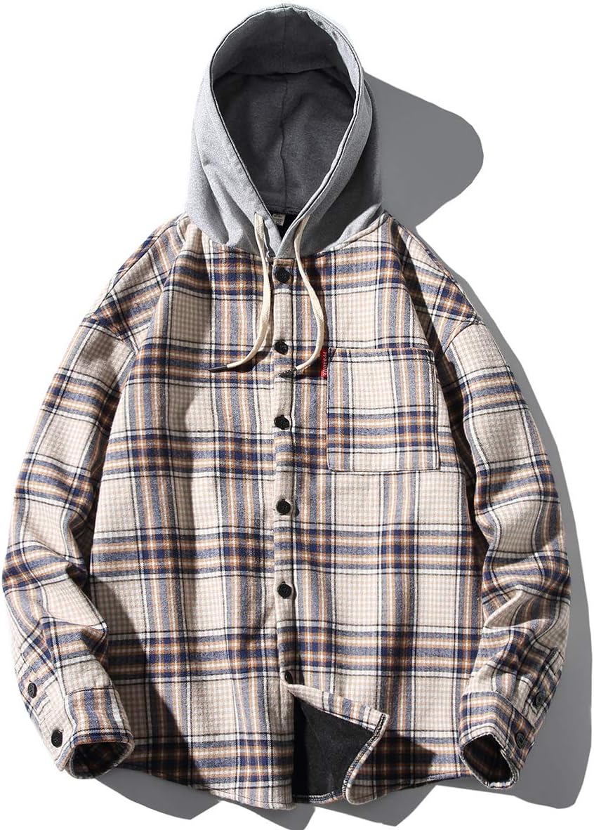 SeidariseMen's Flannel hoodie Sweatshirt,Plaid Shirt Casual Lightweight Full Button up