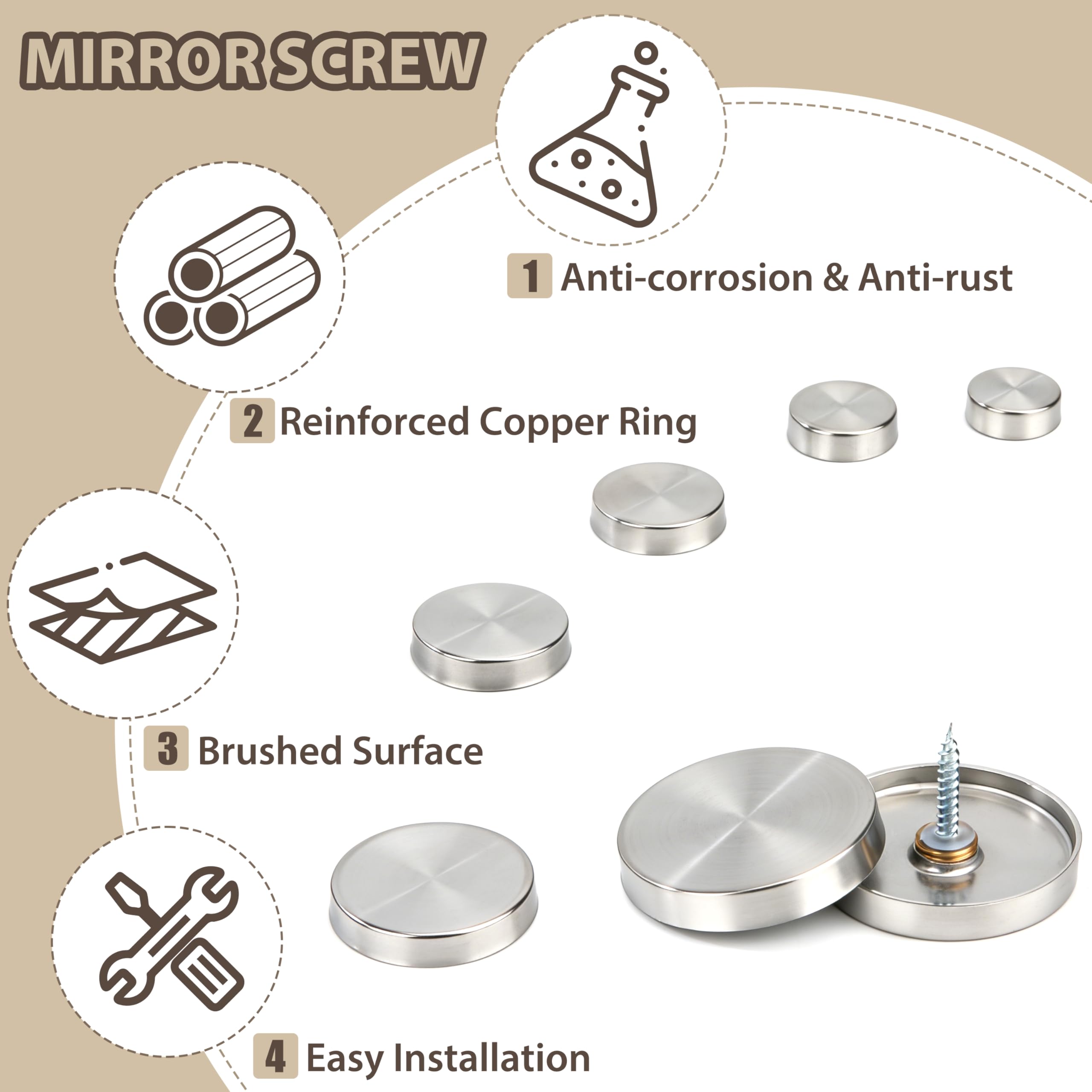 Viti in Acciaio Inox per Specchi con Tappo Decorativi per Specchi Tavoli Piastre da Bagno Armadi Cartelli in Vetro 16 Pezzi (16mm)