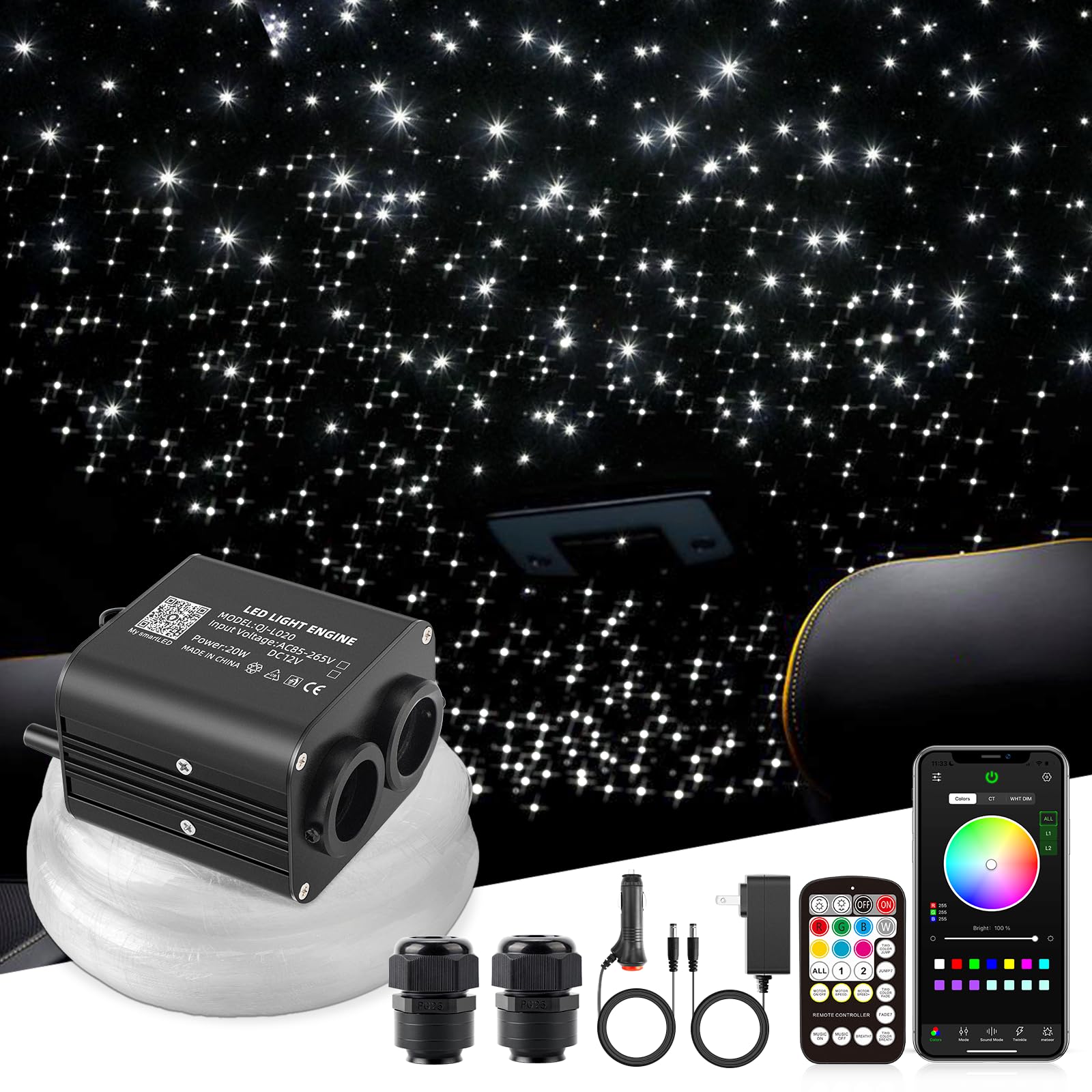 SUNKENET 20W Twinkle Starlight Headliner Kit, Star Lights for Car Roof Decoration, Fiber Cable 800pcs of (0.03+0.04+0.06in)*9.8ft Star Light Headliner with Bluetooth APP/Remote/Music Mode