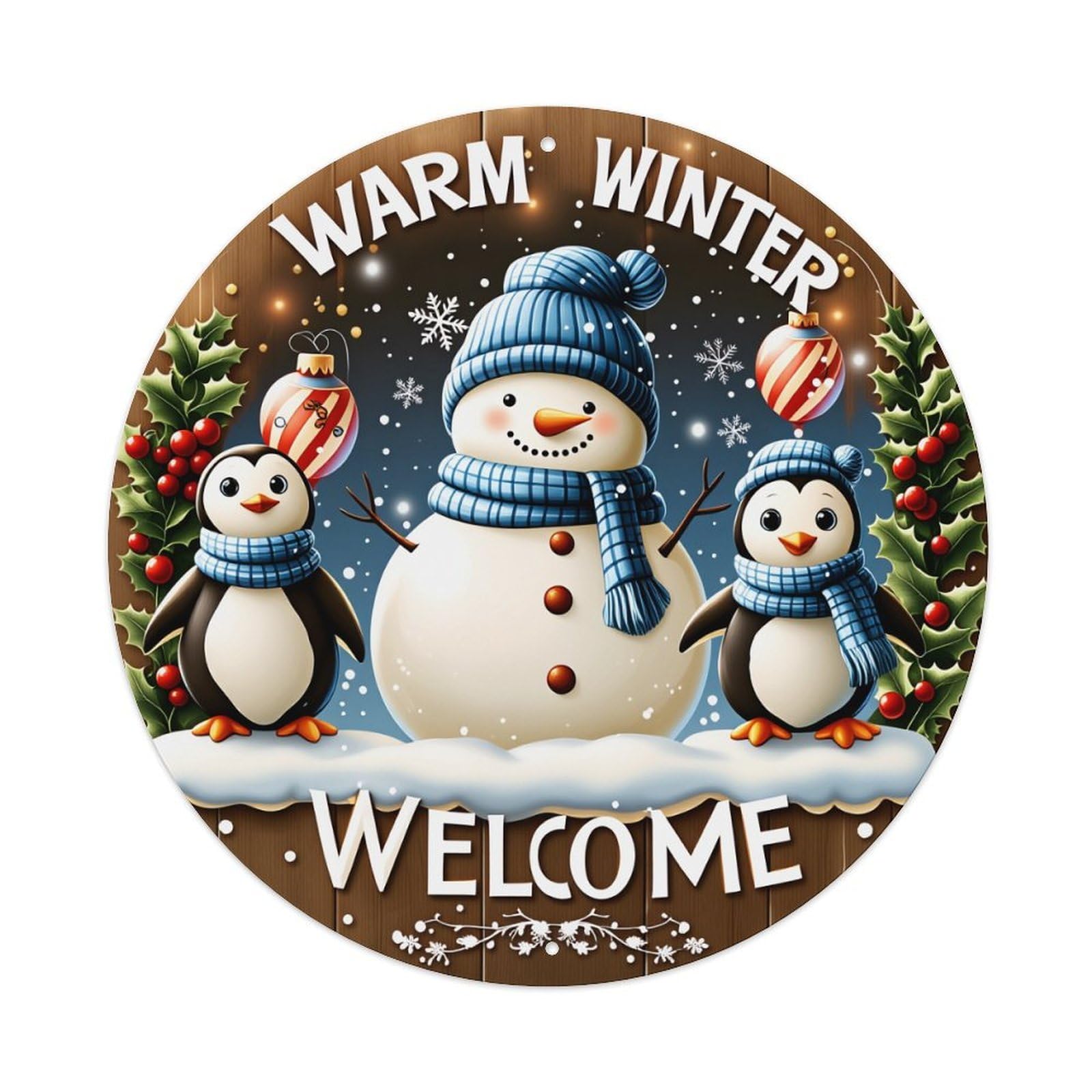 Snowman Penguin Winter Holiday Welcome Round Tin Sign Vintage Metal Sign Home Bar Garden Indoor & Outdoor Wall Decor Retro Metal Poster 8x8 Inch