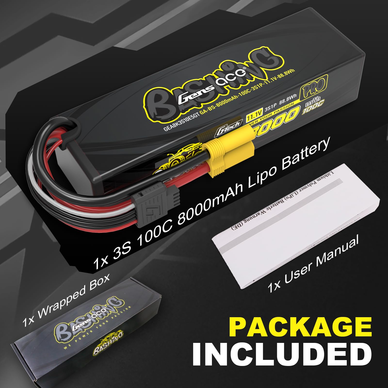Gens Ace 8000 mAh 11,1 V 100C 3S1P Akumulator LiPo Seria EC5-Bashing – Wysokowydajny akumulator do samochodów RC w skali 1:7/1:8/1:10